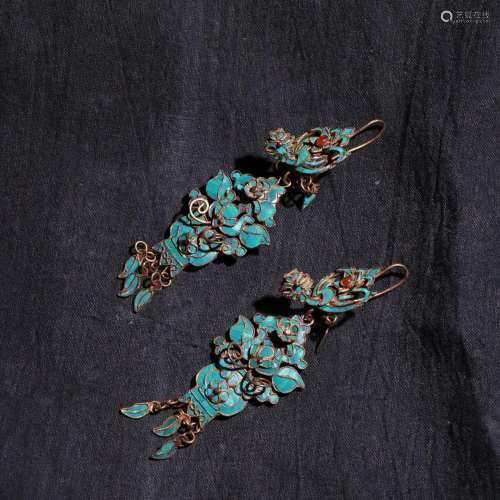 Silver and gold point cui feng wear peony tassel long earrin...