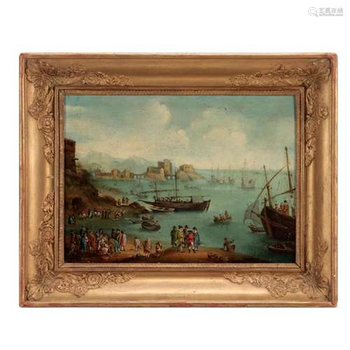 EUROPEAN SCHOOL (19TH CENTURY), PORT VIEW WITH BOATS AND FIG...