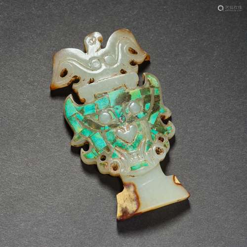 Chinese Shijiahe culture Hetian jade inlaid with turquoise a...