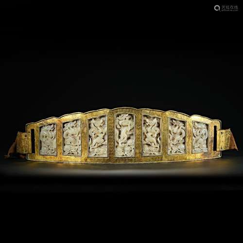 A Gilt Bronze Inlaid Hetian Jade Dragon Decoration Belt, , C...