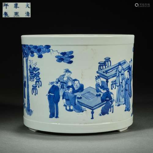 Chinese Qing Emperor Kangxi Figure Pattern Blue and White Po...