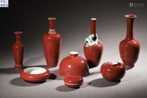 A Set of Eight Chinese Copper Red Porcelain Literati Vessels