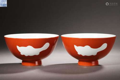 Pair Chinese Coral Red Glaze Carps Bowls