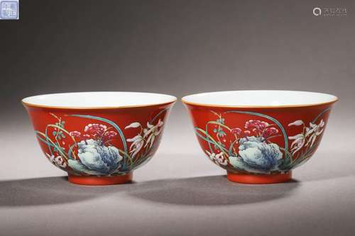 Pair Chinese Famille Rose Orchid Bowls