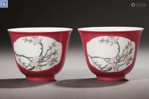 Pair Chinese Famille Rose Plum Blooms Cups