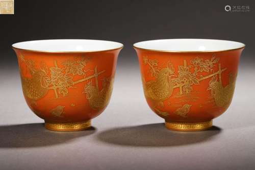 Pair Chinese Iron Red and Gilt Chickens Cups