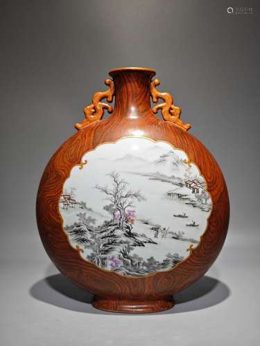 Wood Grain Glaze Ink Color Landscape Painting Gold Moon Vase