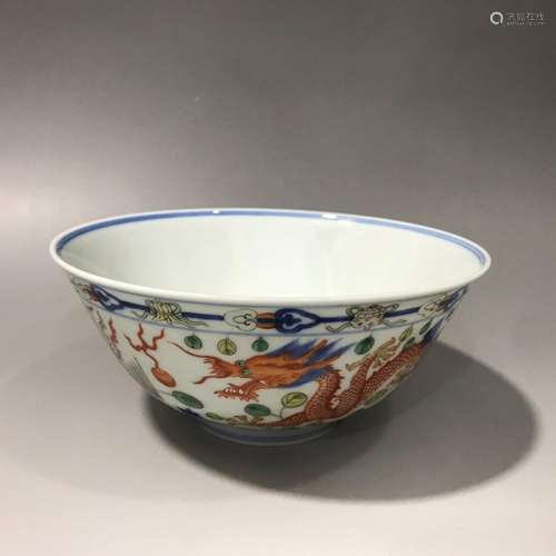 Blue and white colorful dragon and phoenix bowl