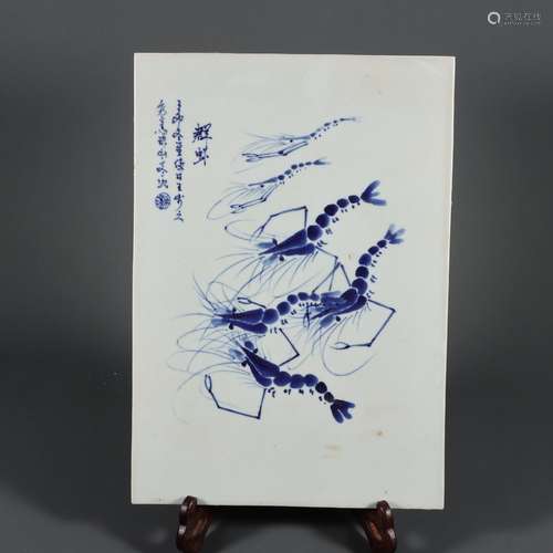 Blue and white group of shrimp porcelain plate painting