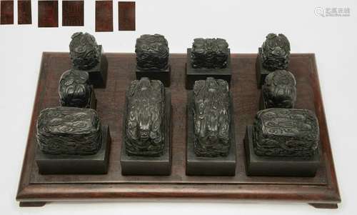 A Red sandalwood seal box with ten seals