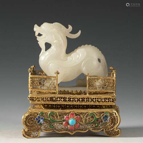 A Gilt Bronze Hetian Jade Beast Ornament