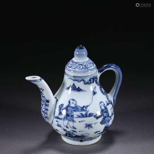 A blue and white figure pattern pot