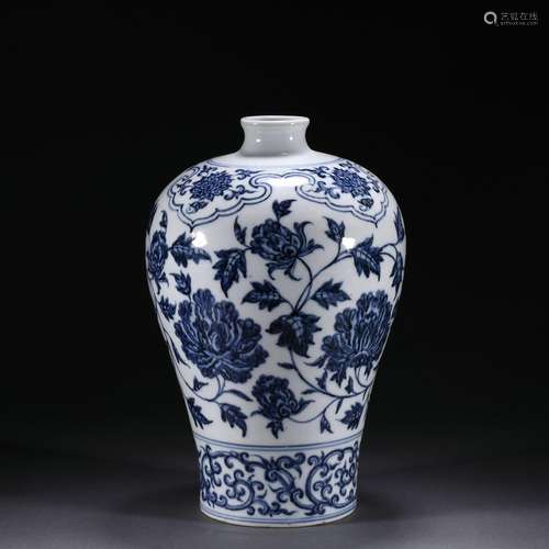 A Plum vase with blue and white peony pattern