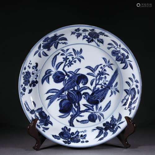 A Blue and white flower and bird plate