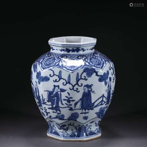 A blue and white character jar