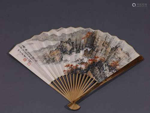 A Chinese landscape & calligrpahy fan,Huang Junbi