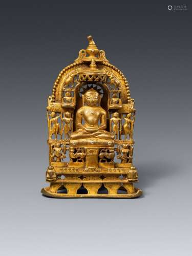 Jain-Altar des Tirthankara Vasupujya. Gelbguss mit Einl