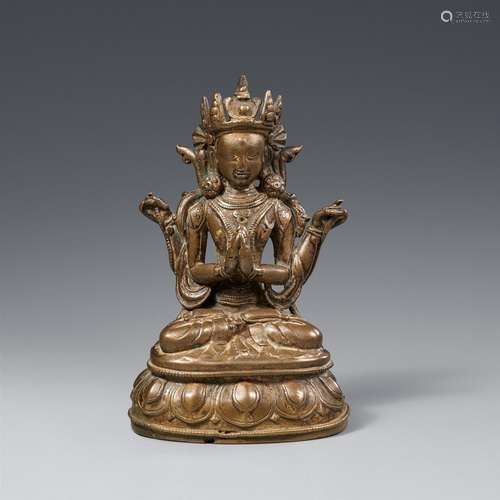 Shadakshari Lokeshvara. Gelblicher Bronzeguss. Tibet, 1