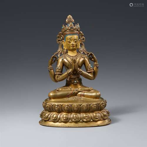 Shadakshari Lokeshvara. Gelbliche Bronze. Möglicherweis