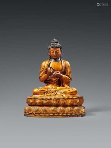 Buddha Dipankara. Holz, Modelliermasse, Lack und Vergol