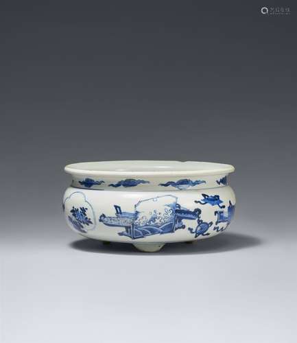 Blau-weißer Dreifuß-Weihrauchbrenner. Kangxi-Ära (1662-