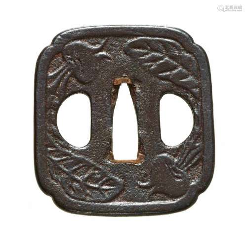 Tsuba. Eisen. Yagyû-Arbeit. Edo-Zeit<br/>Viereckig mit...