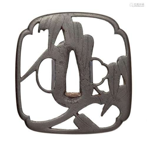 Tsuba. Eisen. Nishigaki-Arbeit. Edo-Zeit<br/>Viereckig...