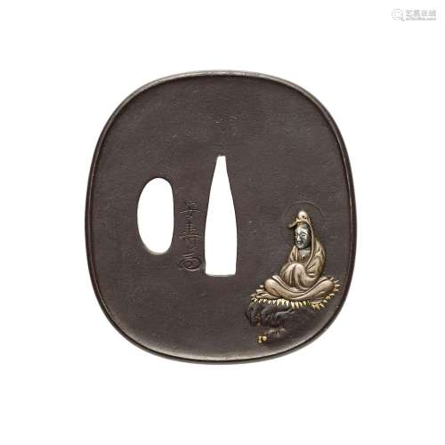 Tsuba. Eisen. 19. Jh.<br/>Sign.: Yasutoshi
Abgerundet ...