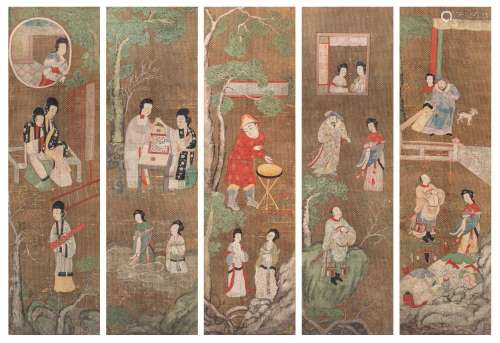 A series of six Chinese paintings, gouache on silk, late Qin...