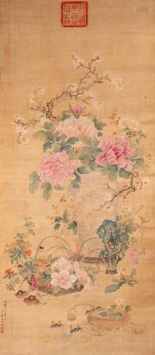 A Chinese Imperial style 'Flower arrangement' scroll paintin...