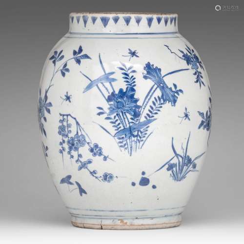 A Chinese blue and white 'Flower' jar, Chongzheng/ Transitio...