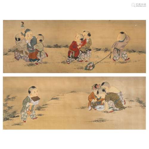 A series of two Chinese paintings, colour on silk, 'Playing ...