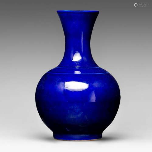 A Chinese monochrome sacrificial blue-glazed bottle vase, 20...