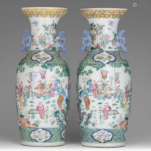 A pair of Chinese famille rose 'Festive court scene' vases, ...