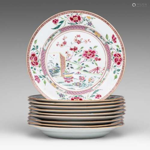 A series of ten Chinese famille rose 'Peony garden' dishes, ...