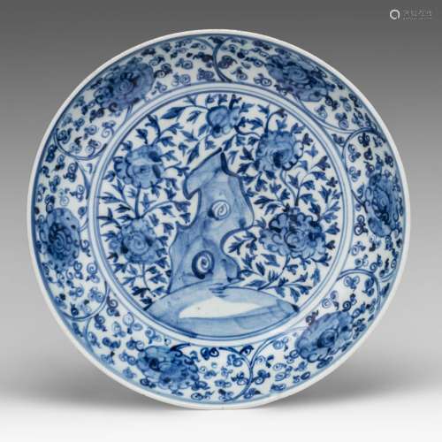 A Chinese Ming style blue and white 'Flower Garden' plate, d...