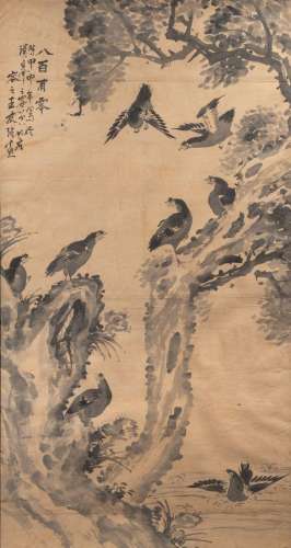 A Chinese painting, ink on paper, 'Birds on flower branches'...