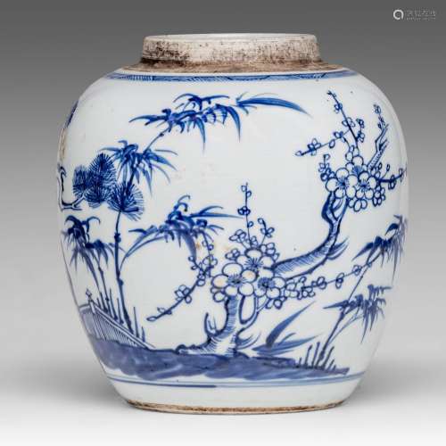 A Chinese blue and white 'Three Friends of Winter' jar, 18th...