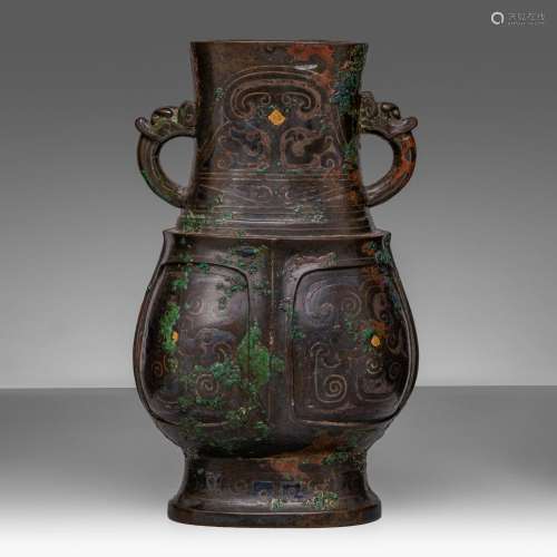 A rare and fine Chinese archaistic silver and gold inlaid br...