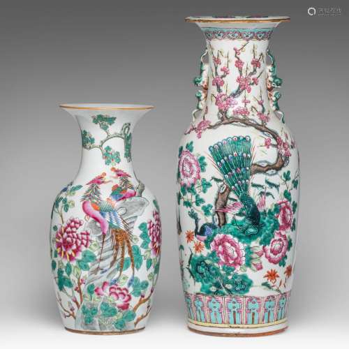 Two Chinese famille rose 'Birds amongst flower branches' vas...
