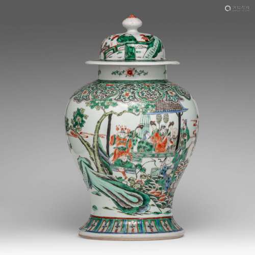 A Chinese famille verte 'Immortals' baluster vase and cover,...