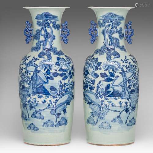 A pair of Chinese blue and white on celadon ground vases, pa...