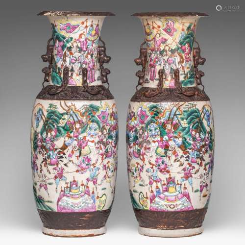 A pair of Chinese famille rose 'Battle scenes' Nanking vases...