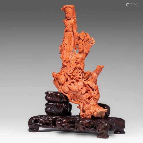 A Chinese red coral 'Female Immortal' carving, late Qing, H ...