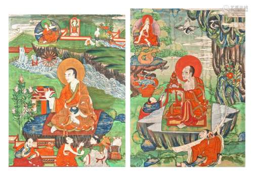 Two Tibetan Thangkas depicting an Arhat or Buddhist Elder, 1...