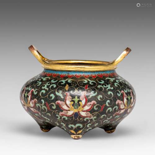 A Chinese cloisonne censer, decorated with lotus scrolls on ...