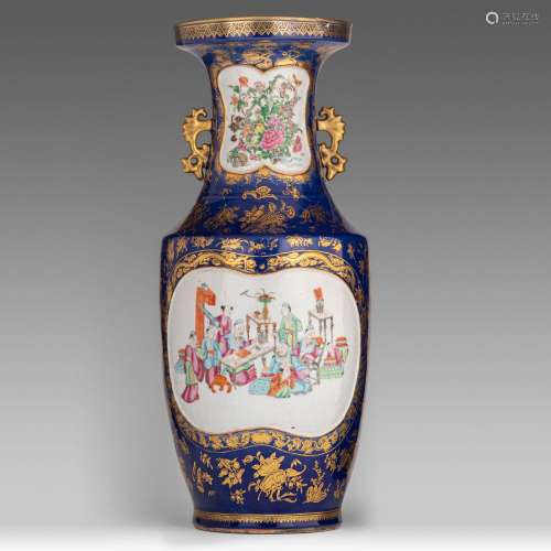 A Chinese Canton famille rose and gilt on blue ground vase, ...