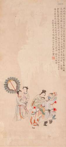 A Chinese 'Lady and horse' scroll painting, ink and colour o...