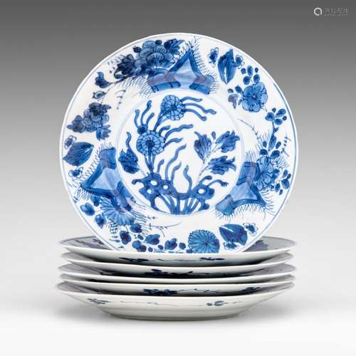 A series of six Chinese blue and white eChrysanthemum' dishe...