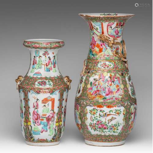 Two Chinese Canton famille rose vases, one paired with lion-...